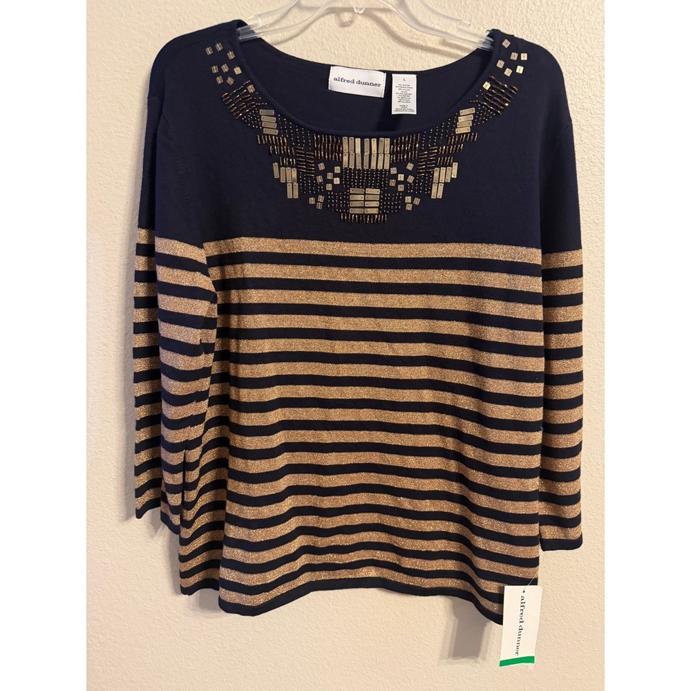 Alfred Dunner Bella Luna Navy Gold Metallic Striped Beaded Top 11182 CM Womens L